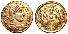 Roman Imperial Theodosius I AV Solidus. Thessalonica, AD 379. D N THEODOSIVS P F AVG, pearl-diademed, draped and cuirassed bust right / GLORIA REIPVB, Theodosius I and Gratian enthroned facingholding 