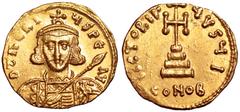 Byzantine Tiberius III Apsimar AV Solidus. Constantinople, AD 698-705. D TIBERIVS PE AV, crowned and cuirassed bust facing, with short beard, holding spear and shield decorated with horseman motif / V