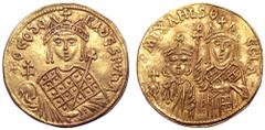 Byzantine Michael III, with Theodora and Thecla, AV Solidus. Constantinople, AD 842-850. +ΘEOdORA dESPVn' A, facing bust of Theodora, wearing crown with pendilia and loros, and holding cruciform scept