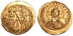 Byzantine Michael VI Stratioticus AV Histamenon Nomisma. Constantinople, AD 1056-1057. + IhS XIS REX REGNANTIhm, facing bust of Christ Pantokrator / + mIXA HL AVTOCRAT, Michael standing facing on left