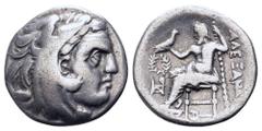Greek Kingdom of Macedon, Alexander III 'the Great' AR Drachm. Uncertain mint, Western Asia Minor (?), circa 323-280 BC. Head of Herakles right, wearing lion skin headdress / Zeus Aëtophoros seated le