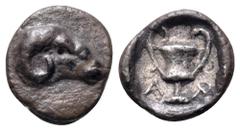 Greek Thraco-Macedonian Region AR Hemiobol. Uncertain mint, circa 500-450 BC. Ram's head right / Kantharos within incuse square. Tzamalis 50. 0.23g, 6mm, 9h. Very Fine.