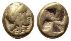 Greek Mysia, Kyzikos EL 1/24 Stater. Circa 450-400 BC. Head of Attis facing right, wearing ornamented Phrygian cap; [tunny fish below] / Quadripartite incuse square. Hurter-Liewald, SNR 83 (2004), 142