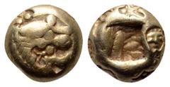 Greek Kingdom of Lydia, Alyattes EL Hemihekte - 1/12 Stater. Sardes, circa 610-560 BC. Head of roaring lion right, sunburst on forehead / Incuse square punch. Weidauer group XVI, 90; Traité I 47; SNG 