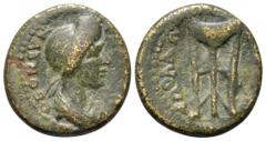 Greek Lydia, Apollonis Æ15. Pseudo-autonomous issue, time of Titus to Domitian, circa AD 79-96. ΘEON CVN[KΛHTON], draped female bust of the Senate right, with the features of Julia Titi or Domitia(?) 