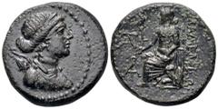 Greek Lydia, Philadelphia Æ22. Circa 2nd-1st Centuries BC. Draped bust of Artemis right, with bow and quiver over shoulder / ΦΙΛΑΔΕΛΦΕΩΝ, Apollo seated left on throne, holding patera and resting on ly