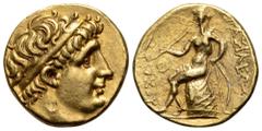 Greek Seleukid Empire, Antiochos II Theos AV Stater. Aï Khanoum, 261-246 BC. Diademed head of Antiochos I right / Apollo Delphinios seated to left on omphalos, holding arrow and resting left hand upon