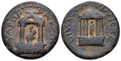 Roman Provincial Diva Poppaea and Diva Claudia Ӕ20 of Caesarea Paneas, Judaea. Struck under Nero, after AD 65. [DI]VA POPPAEA AVG, distyle temple with female figure seated left / DIVA CLAVD NER F, hex