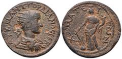 Roman Provincial Gordian III Ӕ26 of Choma, Lycia. AD 238-244. AV K M ANT ΓOPΔIANOC CEB, radiate, draped and cuirassed bust right / X[Ѡ]MATEITѠN, Tyche standing left, holding rudder set on globe and co