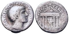 Roman Imperatorial Octavian AR Denarius. Southern or central Italian mint, spring - early summer 36 BC. Bare head right, with beard; IMP•CAESAR•DIVI•F•III• VIR•ITE[R•R•P•C] around / Tetrastyle temple 