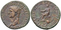 Roman Imperial Nero Claudius Drusus Æ Sestertius. Struck under Claudius, Rome, AD 42-43. NERO CLAVDIVS DRVSVS GERMANICVS IMP, bare head left / TI CLAVDIVS CAESAR AVG P M TR P IMP P P P, Claudius seate