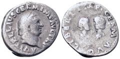 Roman Imperial Vitellius AR Denarius. Rome, AD 69. A VITELLIVS GERM IMP AVG TR P, laureate head right / LIBERI IMP GERM AVG, busts of Vitellius' son, on the left, and daughter, on the right, both bare
