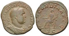 Roman Imperial Balbinus Æ Sestertius. Rome, AD 238. IMP CAES D CAEL BALBINVS AVG, laureate, draped and cuirassed bust right / CONCORDIA AVGG, Concordia seated left, holding patera and cornucopiae; SC 