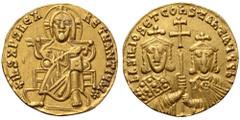 Byzantine Basil I AV Solidus. Constantinople, AD 870-871. + IҺS XPS REX REGNANTIЧM*, Christ, nimbate, seated facing, wearing chiton, raising hand in benediction and holding Gospels / bASILIOS ET CONST