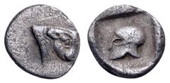 Greek Phokis, Federal Coinage AR Hemiobol. Circa 485-480 BC. Profile head and neck of bull to right / Corinthian helmet right in incuse square. Williams 270. 0.52g, 8mm, 10h. Very Fine. Rare.