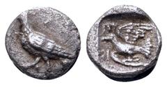 Greek Sikyonia, Sikyon AR Hemiobol. Circa 450-425 BC. Dove standing left / Dove flying left; E to upper left, H to lower left; all within incuse square. BCD Peloponnesos 167. 0.31g, 7mm, 6h. Ver Fine.