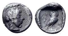 Greek Attica, Athens AR Obol. Circa 510-500/490 BC. Helmeted head of Athena right / Owl standing right, head facing; olive sprig behind; all within incuse square. Svoronos pl. 12, 37-42; SNG Copenhage