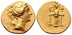 Greek Ionia, Ephesos AV Stater. Circa 155-140 BC. Draped bust of Artemis right, wearing stephane, and with bow and quiver over shoulder / Cult statue of the Artemis of Ephesos facing, a fillet hanging