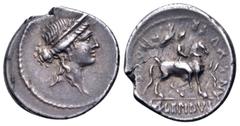 Roman Republic M. Aemilius Lepidus AR Denarius. Rome, 61 BC. Laureate and diademed female bust right / Horseman right, carrying trophy over shoulder; AN•XV•PR•H•O•C•S• around; M•LEPIDVS in exergue. Cr