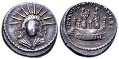 Roman Republic L. Mussidius Longus AR Denarius. Rome, 42 BC. Radiate and draped bust of Sol facing slightly right / The shrine of Venus Cloacina; a low circular platform surmounted by two statues of t