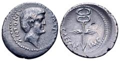 Roman Imperatorial Marc Antony AR Denarius. Struck under Octavian, southern or central Italian mint, late 40-early 39 BC. Bare head right; ANTONIVS upwards to left, IMP downwards to right / Winged cad