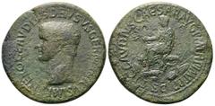 Roman Imperial Nero Claudius Drusus Æ Sestertius. Struck under Claudius, Rome, AD 42-43. NERO CLAVDIVS DRVSVS GERMANICVS IMP, bare head left / TI CLAVDIVS CAESAR AVG P M TR P IMP P P P, Claudius seate