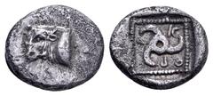 Greek Dynasts of Lycia, Kuprilli AR Diobol. Circa 470-440 BC. Forepart of bull left / Triskeles, KOPP around, within pelleted linear square border; all within incuse square. Cf. Traité II, 279, Pl. XC