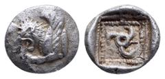 Greek Dynasts of Lycia, Kuprilli AR Obol. Circa 470-440 BC. Forepart of winged lion left / Triskeles within incuse square. Müseler IV, 44 (Tetrobol); Vismara -; SNG Copenhagen Suppl. -; SNG von Aulock