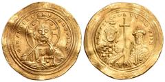 Byzantine Basil II Bulgaroktonos, with Constantine VIII, AV Histamenon Nomisma. Constantinople, AD 1005-1025. +IhS XIS REX REGNANTINM, facing bust of Christ Pantokrator; crescents in upper quarters of