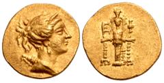 Greek Ionia, Ephesos AV Stater. Circa 155-140 BC. Draped bust of Artemis right, wearing stephane, and with bow and quiver over shoulder / Cult statue of the Artemis of Ephesos facing, a fillet hanging