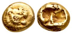 Greek Kingdom of Lydia, Alyattes EL Hekte - 1/6 Stater. Sardes, circa 610-560 BC. Lion's head left with open jaws, solar-disk above forehead, confronting open jaws of lion's head right; WALWET (in Lyd
