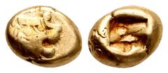 Greek Kingdom of Lydia, Alyattes EL Hemihekte - 1/12 Stater. Sardes, circa 610-560 BC. Head of roaring lion right, sunburst on forehead / Incuse square punch. Weidauer group XVI, 90; Traité I 47; SNG 