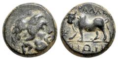 Greek Lydia, Tralleis Æ12. 3rd century BC. Charinos, magistrate. Laureate head of Zeus right / TPAΛΛ ANΩN, humped bull, walking left; monogram in left field. BMC 64-65. 2.66g, 12mm, 12h. Good Very Fin
