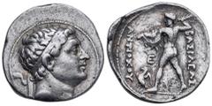 Greek Greco-Baktrian Kingdom, Diodotos I AR Tetradrachm. In the name of Antiochos II. Mint A, circa 255-235 BC. Diademed head of Diodotos II right / ΒΑΣΙΛΕΩΣ ΑΝΤΙΟΧΟΥ, Zeus standing left, brandishing 