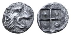 Greek Asia Minor, uncertain mint AR Tetartemorion. Circa 500-480 BC. Head of roaring lion right / Quadripartite incuse square with pellet in each quarter. Leu Web Auction 2, 303; Gitbud & Naumann 6, 9