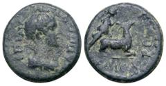Greek Lydia, Hierocaesarea Ӕ14. Pseudo-autonomous issue struck during the reign of Nero, circa 54-9 AD. ЄΠI KAΠITΩNOC, draped bust of Artemis Persica right / IЄPOKAICAPЄΩN, Artemis pulling down stag b