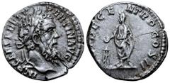 Roman Imperial Pertinax AR Denarius. Rome, AD 193. IMP CAES P HELV PERTIN AVG, laureate head right / [VOT] DECEN TR P COS II, Pertinax, veiled, standing left, sacrificing out of patera in right hand o