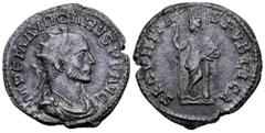 Roman Imperial Carus AR Radiate. Lugdunum, AD 282-283. IMP C M AVR CARVS P F AVG, radiate, draped, and cuirassed bust right / SECVRITAS PVBLICA, Securitas standing left, leaning on column, holding spe