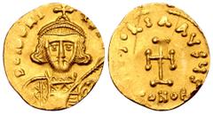 Byzantine Tiberius III Apsimar AV Tremissis. Constantinople, AD 698-705. D TIBERIVS PE AV, crowned and cuirassed bust facing, with short beard, holding spear and shield / VICTORIA AVGЧS, cross potent;