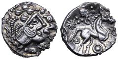 Celtic Britannia, Trinovantes AR Unit. Circa 50-40 BC. Late Whaddon Chase type (Lister's Celtic Head). Male head right, large locks of hair falling down to the back of neck in twisted strands, small h