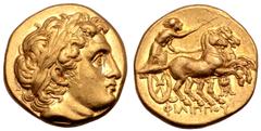 Greek Kingdom of Macedon, Philip II AV Stater. Struck under Philip III. Kolophon, circa 323-319 BC. Laureate head of Apollo right, with the features of Alexander III / Charioteer driving biga to right
