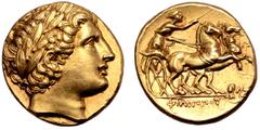 Greek Kingdom of Macedon, Philip II AV Stater. Struck under Philip III. Lampsakos, circa 323-315 BC. Laureate head of Apollo right / Charioteer driving biga to right, holding kentron in right hand, re