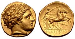 Greek Kingdom of Macedon, Philip II AV Stater. Struck under Philip III. Pella, circa 323-317 BC. Laureate head of Apollo right / Charioteer driving biga to right, holding kentron in right hand, reins 