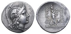 Greek Troas, Ilion (Troy) AR Tetradrachm. Circa 188-133 BC. Demetrios, patron. Head of Athena to right, wearing crested and laureate Attic helmet / AΘHNA IΛIAΔOΣ, the Palladion: Athena Ilias standing 