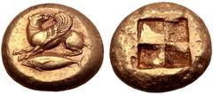 Greek Mysia, Kyzikos EL Stater. Circa 500-450 BC. Winged dog seated to left, head reverted to right; tunny fish below to left / Quadripartite incuse square. Von Fritze 104; BMFA 1433; SNG France 245. 