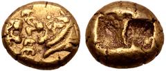 Greek Kingdom of Lydia, Alyattes or Walwet (Valvel) EL Hekte - 1/6 Stater. Sardes, circa 610 BC. Head of roaring lion left, solar-disk on forehead, confronting open jaws of lion's head right; WALWET (