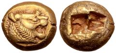 Greek Kingdom of Lydia, Alyattes EL Trite - 1/3 Stater. Sardes, circa 610-546 BC. Head of roaring lion right, sunburst with multiple rays on forehead / Two incuse square punches. Traité II/1, 44, pl. 