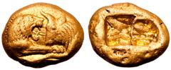 Greek Kingdom of Lydia, Kroisos AV Stater. Heavy standard. Sardes, circa 564/53-550/39 BC. Confronted foreparts of roaring lion to right and bull to left, each with extended foreleg / Two incuse squar