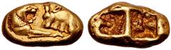 Greek Kingdom of Lydia, Kroisos AV Stater. Heavy standard. Sardes, circa 564/53-550/39 BC. Confronted foreparts of roaring lion to right and bull to left, each with extended foreleg / Two incuse squar