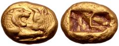 Greek Kingdom of Lydia, Kroisos AV Stater. Light standard. Sardes, circa 564/53-550/39 BC. Confronted foreparts of roaring lion to right and bull to left, each with extended foreleg / Two incuse squar